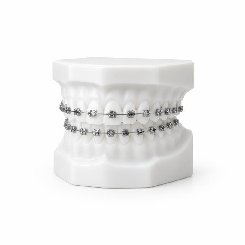 Illustrative dental model demonstrating braces, not a patient result